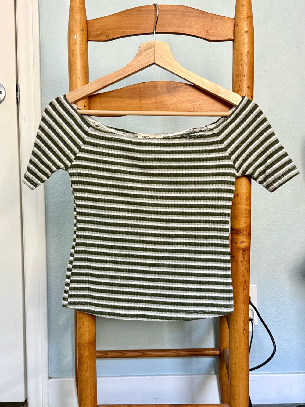 Striped Ribbed Off Shoulder Top - Picture 1 of 3